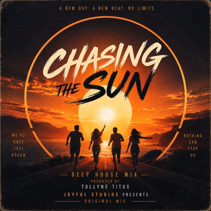 Chasing the Sun cover art: four friends running down a coastal road toward a huge orange sunset